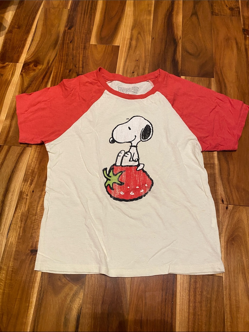 Peanuts Women’s Raglan Tee with Snoopy on Strawberry - Red/White